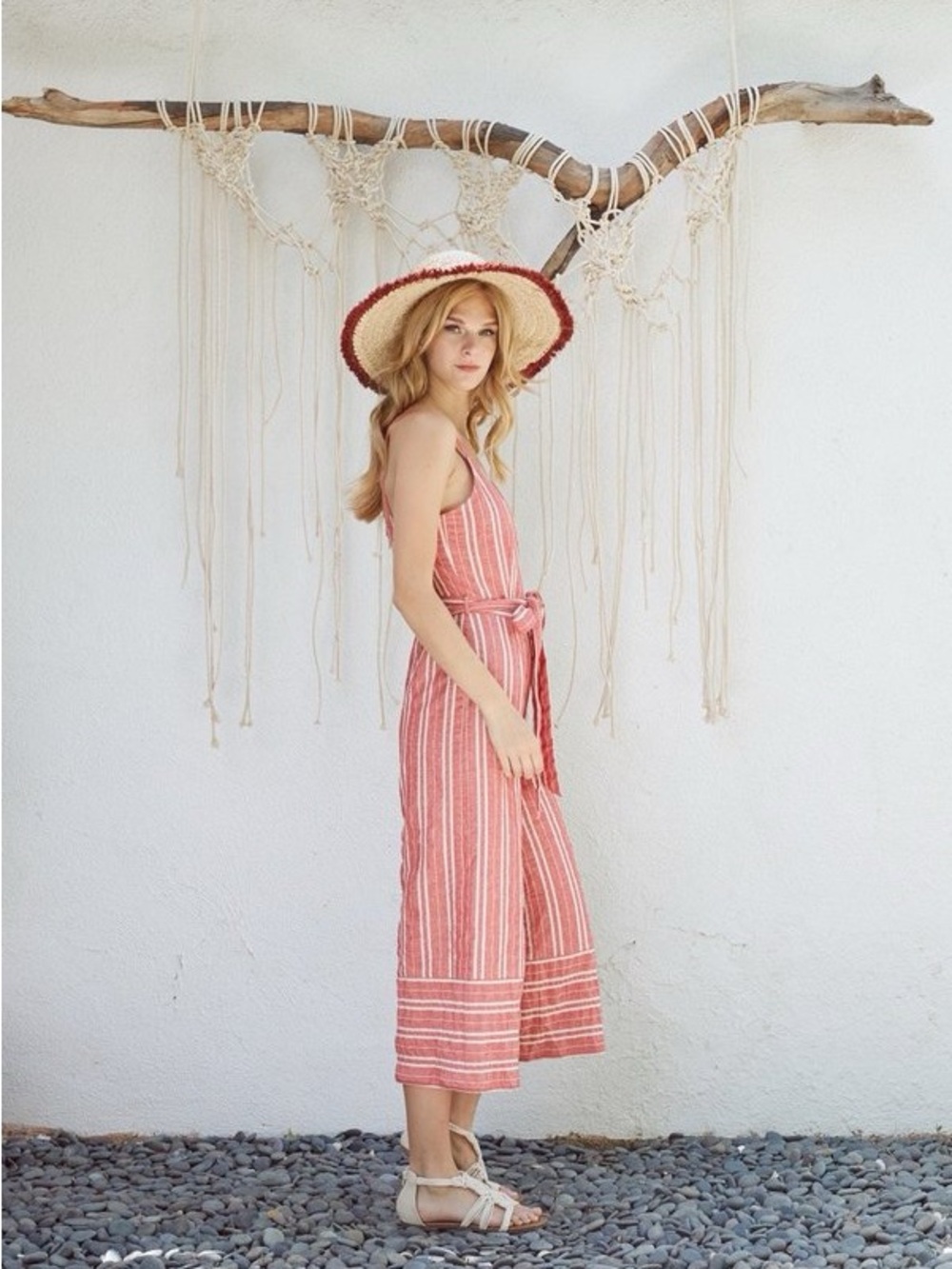 Anthropologie Striped Coral-Pink Sleeveless Midi romper with Waist Tie